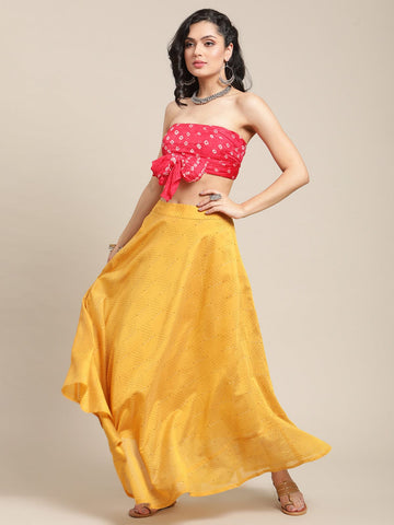 Varanga Women Mustard Yellow Printed Pure Silk Flared Maxi-Skirt